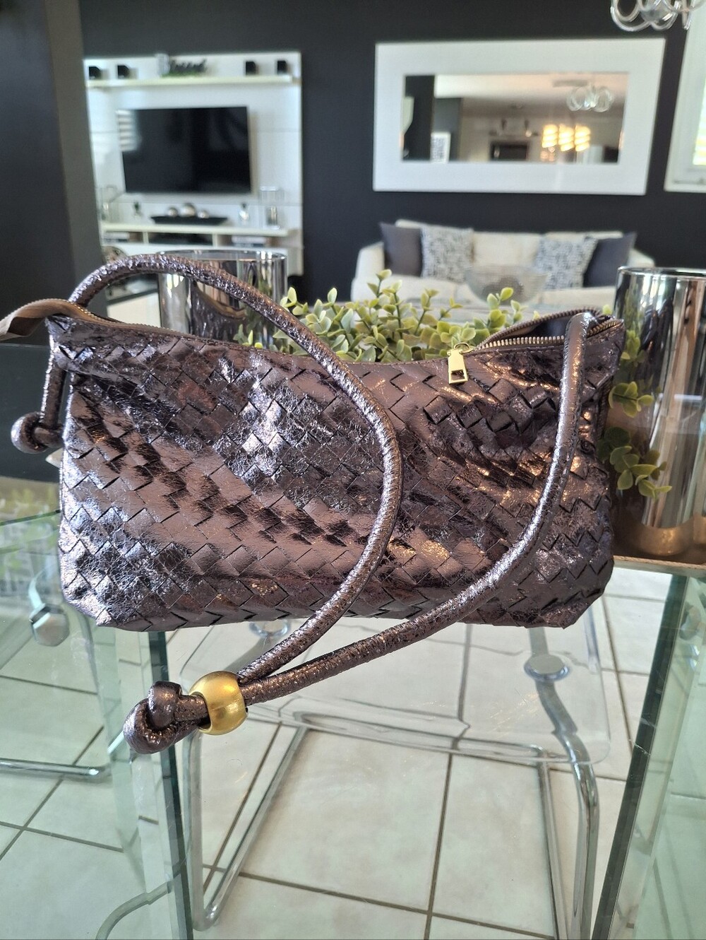 Pewter Metallic Black Shoulder Bag